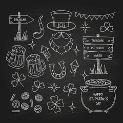 St. Patrick's Day element collection, doodle style blackboard background