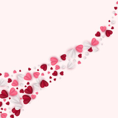 Hearts tale in red, rose pink and white colors on pale rose background. Paper cut decorations for Valentines day design. Vector illustration