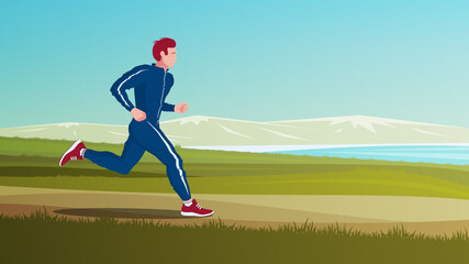 A runner in a blue tracksuit. Morning jog in nature.