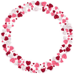 Wreath of hearts in red, rose pink and white colors on white background. Romantic circle wreath. Paper cut decorations for Valentines day design. Vector illustration