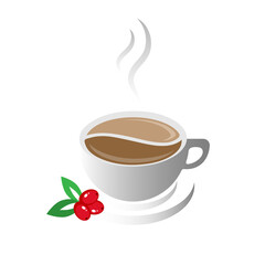 A cup of natural coffee with coffee leaves and grains nearby.