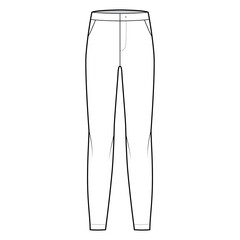 Pants flat front technical fashion illustration with low waist, rise, full length, slant slashed pockets. Flat casual bottom trousers apparel template white color. Women men unisex CAD mockup