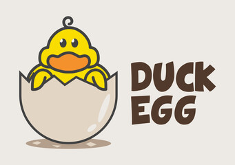 Vector Logo of сute duck hatched from egg. Mascot design template for raising ducks on a poultry farm.