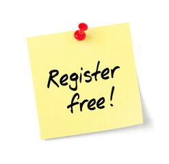 Yellow paper note with text Register free