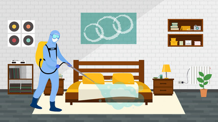 Man in protective suit disinfects Bedroom with spray gun. Prevention against spread of disease. Premises sanitization. Sanitary inspection worker disinfecting home.