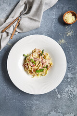Pasta Carbonara with Bacon and Microgreens