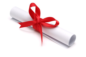 Diploma, close up of paper scroll with red ribbon isolated on white background