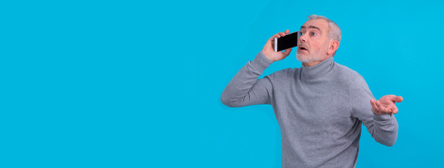 man with surprised expression using mobile phone isolated