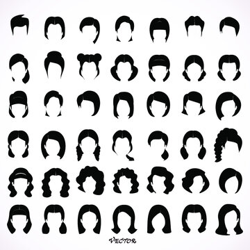 Big set of black hair styling for woman. Hairstyle - stock vector.
