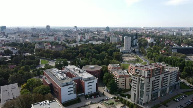 Beautiful Poznan from a drone. Different kind of buildings in the urban city. Drone shot of city Poznan, Poland  in beautiful summer.
