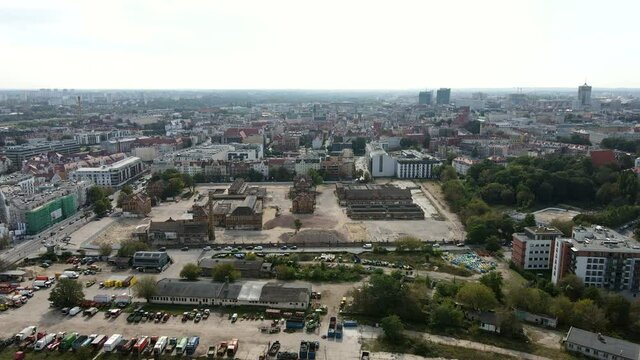 Drone view of city Poznan, Poland. Beautiful Poznan from a drone. Different kind of buildings in the urban city. Old town in Poland.