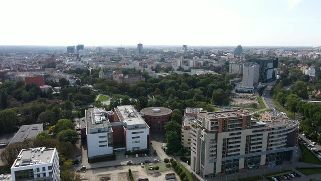 Panoramic view from the drone on the city Poznan, Poland. Aerial drone view of a big city. 