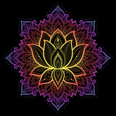 Circular pattern in form of mandala with lotus flower for Henna, Mehndi, tattoo, decoration. Decorative ornament in ethnic oriental style. Rainbow pattern on black background.