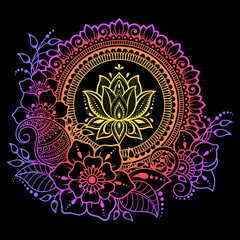 Circular pattern in form of mandala with lotus flower for Henna, Mehndi, tattoo, decoration. Decorative ornament in ethnic oriental style. Rainbow pattern on black background.