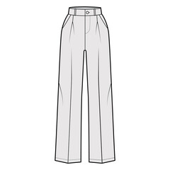 Pants tailored technical fashion illustration with extended normal waist, rise, full length, slant, flap pockets, single pleat, belt loops. Flat template front, grey color. Women men CAD mockup