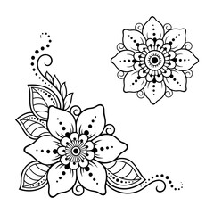 Set of Mehndi flower pattern for Henna drawing and tattoo. Decoration in ethnic oriental, Indian style. Doodle ornament. Outline hand draw vector illustration.
