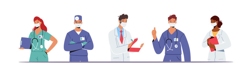 Fototapeta premium Doctor Characters in Medical Robe in Row. Hospital Healthcare Staff with Stethoscope, Medic Box Notebook, Physician