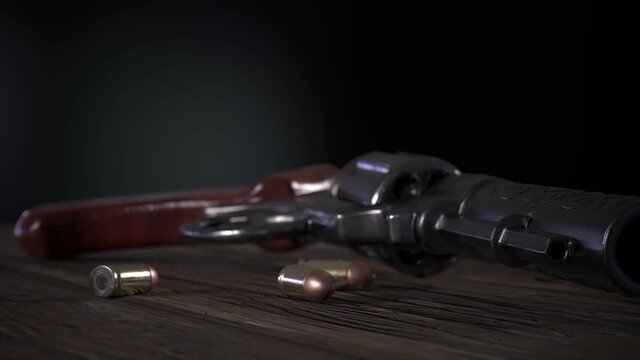 gun and bullets on old planks ground close-up 3D rendered animation