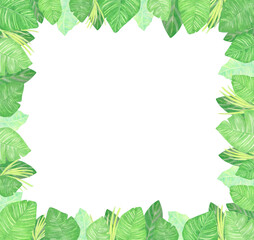 Fototapeta na wymiar Watercolor square frame of tropical leaves. A background for invitations, advertising, postcards.