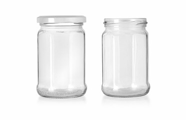 Open empty glass jar for food and canned food.