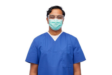 Fototapeta na wymiar healthcare, profession and medicine concept - indian doctor or male nurse in blue uniform and face protective medical mask for protection from virus disease over white background