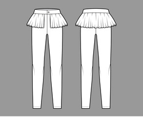 Pants peplum technical fashion illustration with extended low waist, rise, full length, 2 layer frilled skirt. Flat bottom trousers apparel template front, back, white color. Women unisex CAD mockup