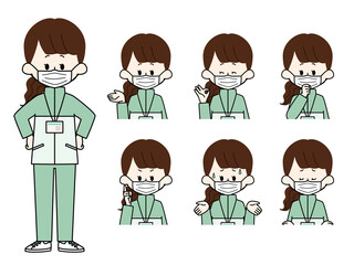 マスクをしている女性職員の表情セット
