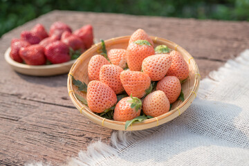 White strawberry and Red strawberry in basket on wooden background ,Fresh white strawberry, Japan...