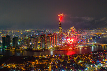 Beautiful cityscape of Ho Chi Minh city - Saigon and fireworks show
