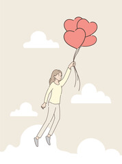 Girl holding a heart shaped balloon flying through the clouds. Love and Valentine's day concept. Hand draw style. Vector illustration.