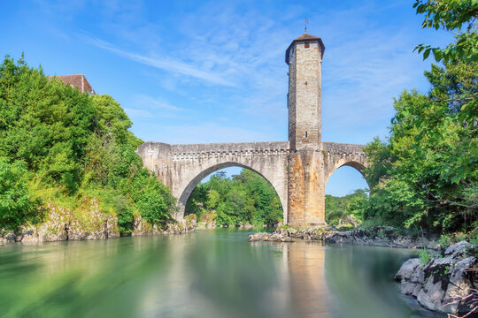 Orthez, France. View of old stone roman bridge over Ousse river