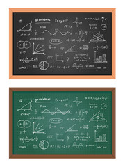 School blackboard. Vector illustration of math chalkboard with formula, calculation, geometrical plots and equation. Mathematics, algebra, physics functions on black chalkboard. Scientific formula