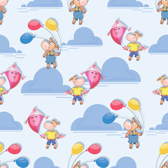 Cute calf. Pink kite, multicolored balloons. Little bull holding flying kite and air balloons. Makar Sankranti festival. Flat seamless pattern. Childrens textiles, gifts, holiday parties. Vector 
