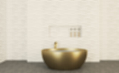 White wavy tiles on the walls. Bathroom in bright colors. Bronze bath and washbasin.. 3D rendering,. Abstract blur phototography