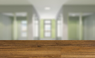 Background with empty wooden table. Flooring. Empty modern office Cabinet. Meeting room. 3D rendering.