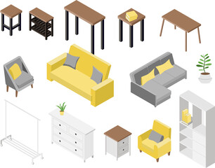a set of furniture in an isometric style. Sofas, armchairs, tables and interior items. Huge style