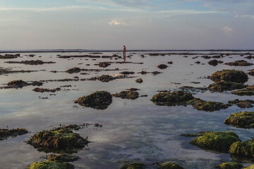 Lonely fishing lady on sunrise beach, Indonesia