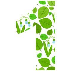 Vector number 1 of spring fresh green leaves and flowers. Illustration on the theme of numbers and counting.