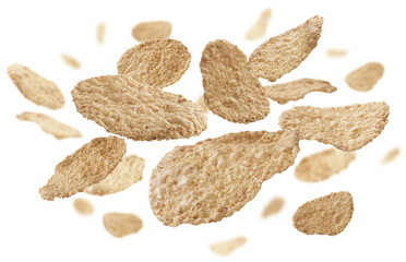 Rice flakes levitate on a white background