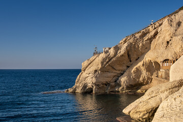 Fototapeta na wymiar Rocks and the Mediterranean Sea at Rosh Hanikra. Sunset time. Israel