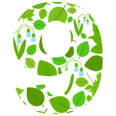 Vector number 9 of spring fresh green leaves and flowers. Illustration on the theme of numbers and counting.