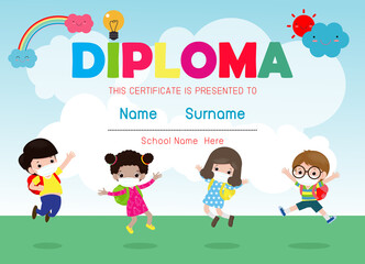 Certificates kindergarten and elementary, Preschool Kids Diploma certificate background design template, cute kids wearing face mask for prevent coronavirus 2019 nCoV or covid-19, vector illustration