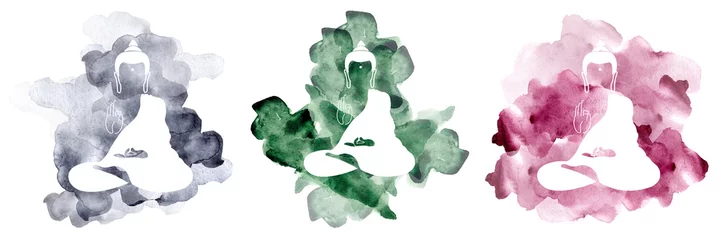 Foto op Aluminium Set of Watercolor buddha. Symbol of buddha isolated on white background. Indian, Buddhism, Spiritual motifs. Yoga, spirituality. Buddha silhouette for spa logo © olgahalizeva