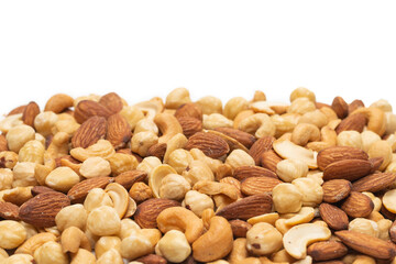 Mix of nuts isolated on white background. Top view.