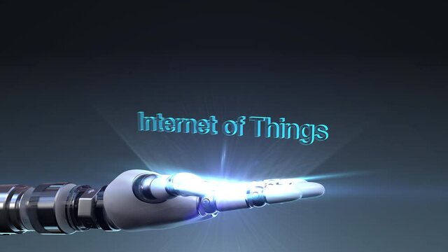 The robot arm spreads its palm, 'INTERNET OF THINGS' typo rotates and appears. 4k animation.
