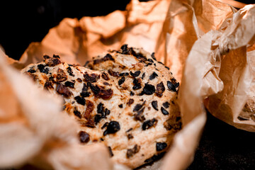 Homemade bread with chorizo, dried tomatoes and black olives