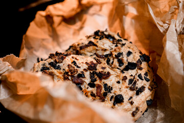 Homemade bread with chorizo, dried tomatoes and black olives