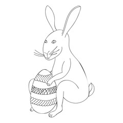 A vector illustration of a bunny with an egg isolated on white background. Designed as a coloring book page for adults and kids, prints, wraps, background.