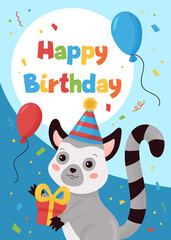 Happy Birthday greeting card for kids. Cute cartoon lemur with gift and balloons. Jungle animals.