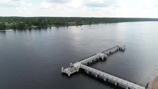 Aerial shot of lake and boat 